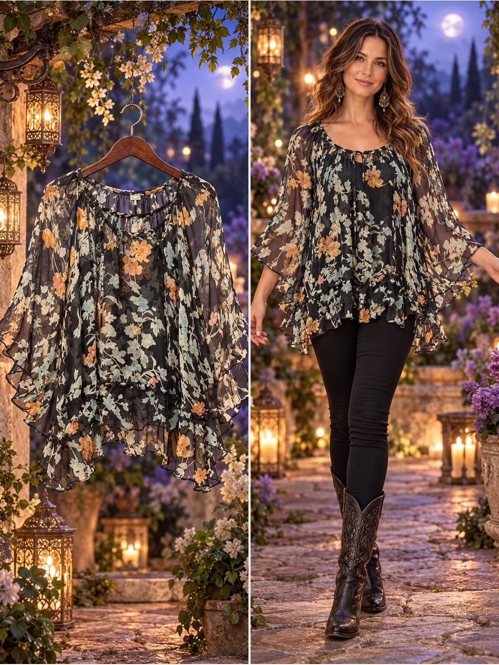 Johnny Was Sheer Silk Floral Boho Floral Peasant Blouse Large